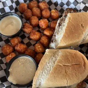 French dip and sweet potato tots