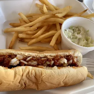 Spanish dog, fries and slaw.