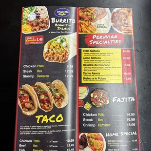 Taco, burrito menu