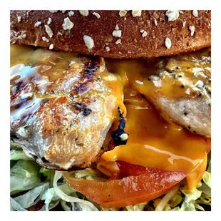 Charcoal Broiled Breast Chicken Sandwich w/ex. Cheddar Cheese! On wheat oat bran bun! Pretty Amazing! Drive True! Charcoal Delights.! Cool!