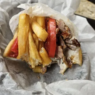 Lack of meat in homemade Greek gyro. They use fries as filler.