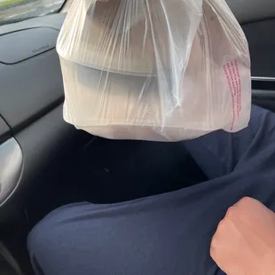 a person sitting in a car with a plastic bag over their head