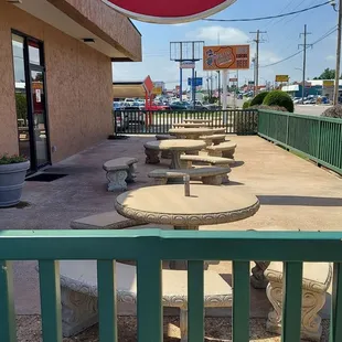 The uncovered patio dining area.
