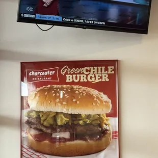 a burger and a tv