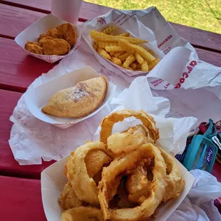onion rings and onion rings on a picnic table