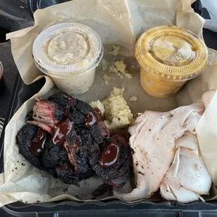 Beef brisket, pit turkey, Mac and Cheese and cheesy potato.