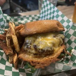 a cheeseburger and fries