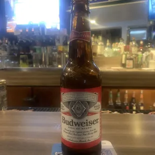 a budweiser bottle on a bar