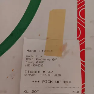 the receipt for the pizza