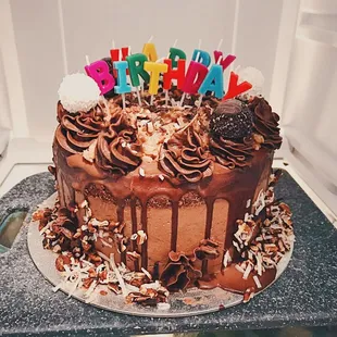 a chocolate birthday cake
