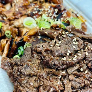 a plate of beef and mushrooms