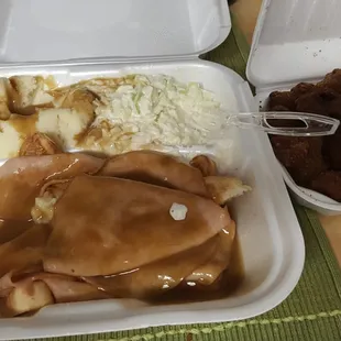 Gross school cafeteria meal. Ordered roasted turkey dinner and fried mushrooms.