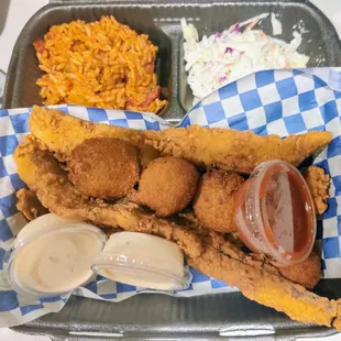 Fried Whiting, hushpuppies, and Red Rice