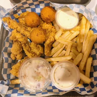 8oz Fried catfish, fries hushpuppies