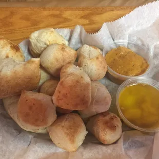 Whole order of breadstick bites. Beer cheese and garlic sauce are awful. Get the nacho cheese.