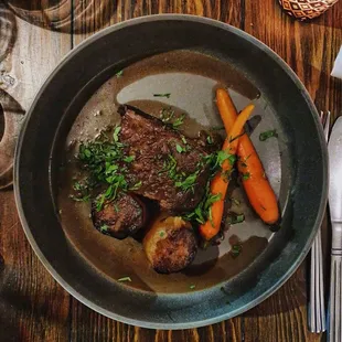 Boeuf Bourguignon -- Short Rib, Potato Fondant, Glazed Carrots