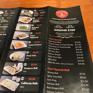 sushi and sashimi, menu