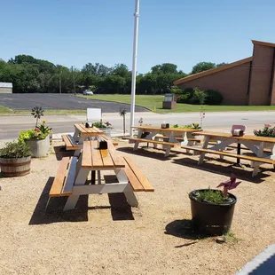 a picnic table and benches