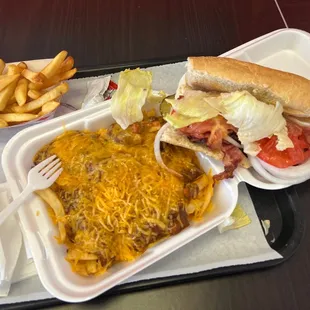 Chili cheese fries and pastrami