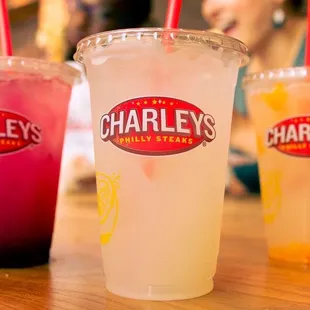 Charleys Real-Fruit Lemonades start with our lip-smacking lemonade added with your choice of REAL
 Blueberries
Strawberries
 Peaches