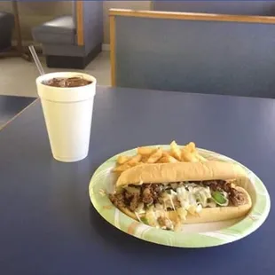 a plate of food and a drink