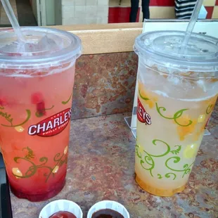 a variety of drinks and condiments