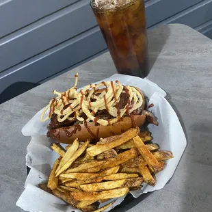 a hot dog and french fries