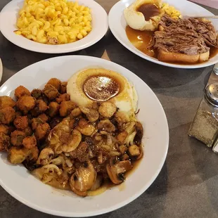 Hamburger steak w/mashed potatoes and okra. Mac n Cheese.  And Open faced  Pot Roast sandwich.