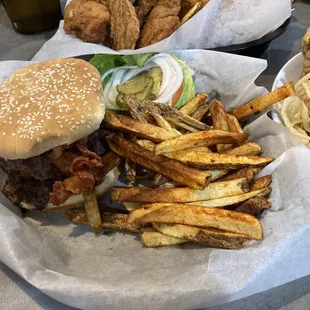 Easy rider burger (topped with fried mozz sticks and bacon)