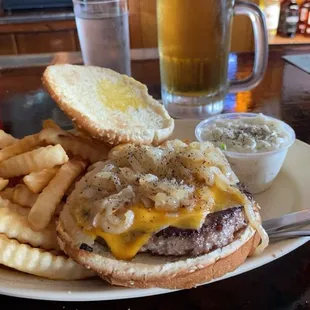 Cheddar burger deluxe, grilled O&apos;s and that cole slaw is slept on.