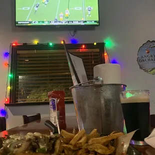 Spicy Philly Cheese Steak with Guinness and football-wonderful!!