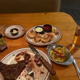 Steak, shrimp vegetables