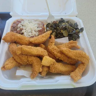 Charlies fish dinner, greens, red beans n rice