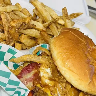D.T.W Burger with Fresh Onion Strings and a side of Fries