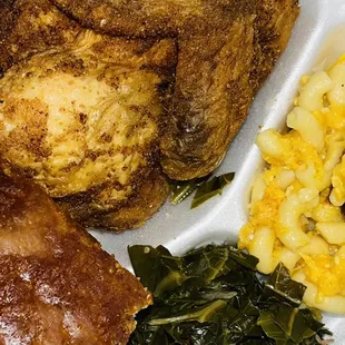 Half Chicken Dinner with Mac and Greens for our "Soul Food Sunday" special.