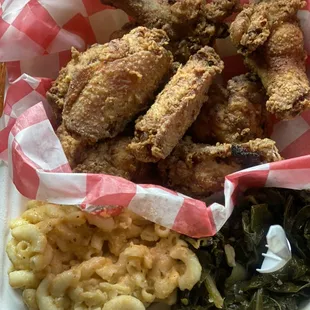 Delicious 10pc. Wings with Greens and Mac n' Cheese.