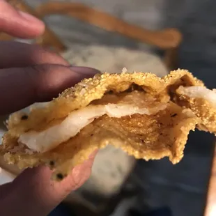 a hand holding a piece of bread