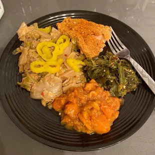 Fried cabbage (topped with my banana peppers) fried catfish (half of one it was too big) greens and yams