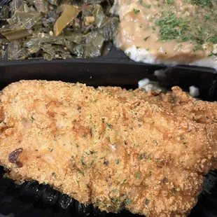 Catfish Collard Greens Mashed Potato gravy