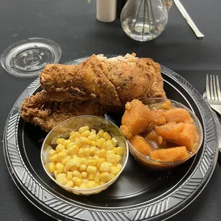 Fried chicken with yams and buttered corn. Sorry for the bite, I was hungry!