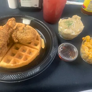 Chicken and Sweet waffles  Mashed Potatoes and Gravy  Premium Mac n Cheese Wild berry 32 oz. Premium Fresh Squeezed Lemonade