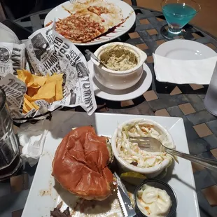 Bruschetta flat bread, French onion burger, and the artichoke dip. Plus some tasty drinks.