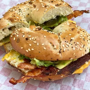 Bacon, Egg &amp; Cheese Breakfast bagel with added avocado and pickled jalapeños