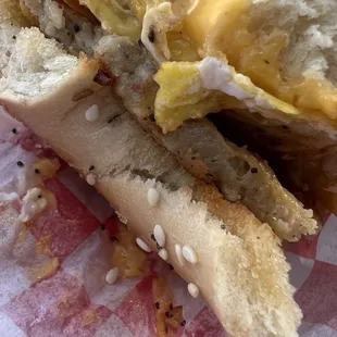Sausage egg cheese bagel   @hybrideater