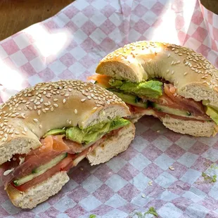 LOX Bagel with added avocado , tomato, cucumber (no cream cheese , cuz I've asked :) So delicious!