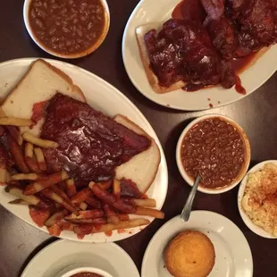 1/4 rib, chicken dinner, fries, baked beans, chili with cornbread, macaroni salad