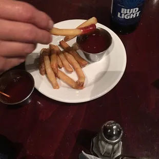 Fries with hot and mild sauce..