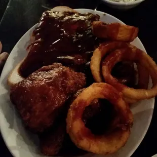 Combo platter...ribs and chicken which comes with 2 sides.  Pick the onion rings and coleslaw!