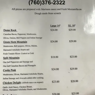 Pizza menu