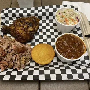 2 Meats &amp; 2 Sides Chicken, pulled pork, beans and coleslaw